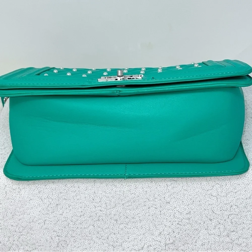 Badgley Mischka Crossbody Purse front quilted pearl studded green
